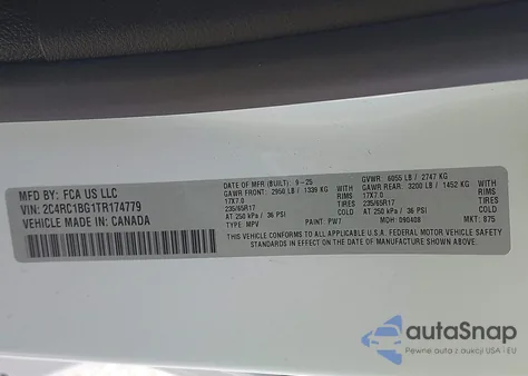 2026 Chrysler Pacifica Select z USA, uszkodzony, nr VIN 2C4RC1BG1TR174779